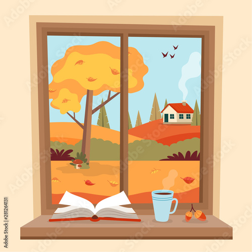 Autumn window with rural view, a book and a coffee cup on the sill. Cute cozy vector illustration in flat style