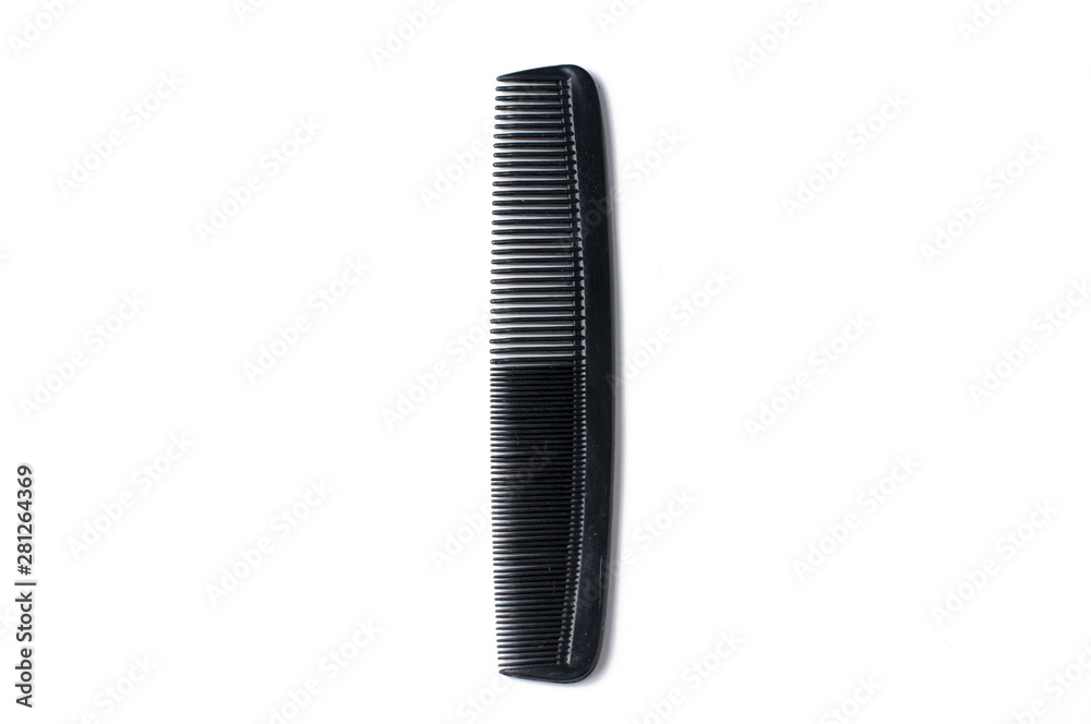 Black barber comb isolated on white background. Barber accessories, copy space Black barber comb isolated on white background. Barber accessories, copy space