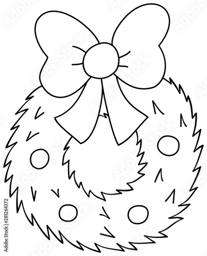 Christmas wreath with bow icon. Outline vector illustration isolated on white background. Coloring book for children.