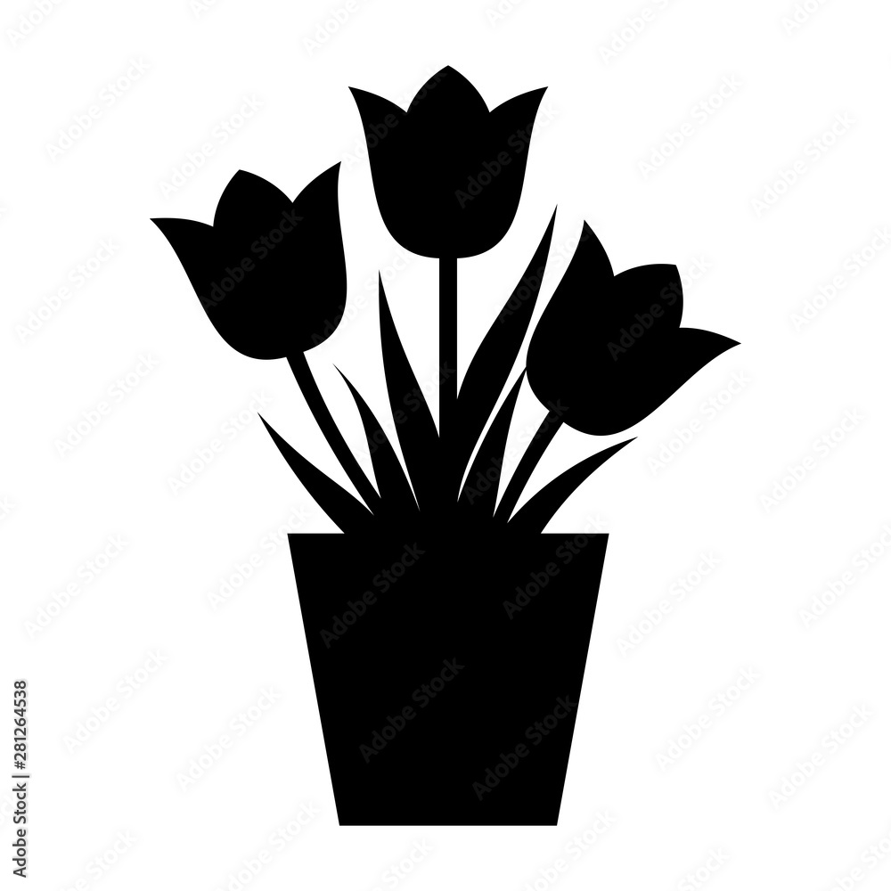 Tulips in pot silhouette icon. Tulip in flowerpot vector illustration isolated on white. Tulips in pot silhouette icon. Tulip in flowerpot vector illustration isolated on white.