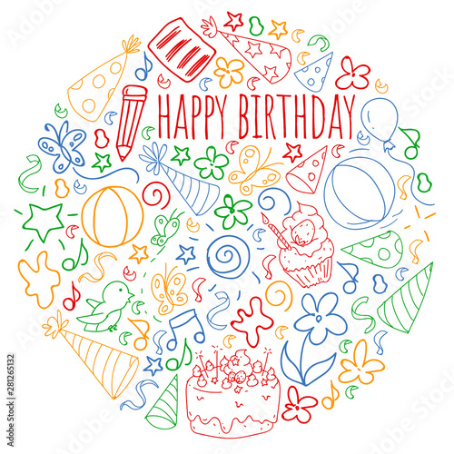 Vector set of cute creative illustration templates with birthday theme design. Hand Drawn for holiday, party invitations.