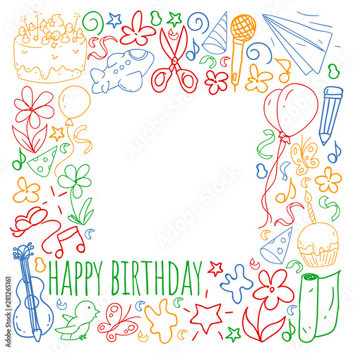 Vector set of cute creative illustration templates with birthday theme design. Hand Drawn for holiday  party invitations.