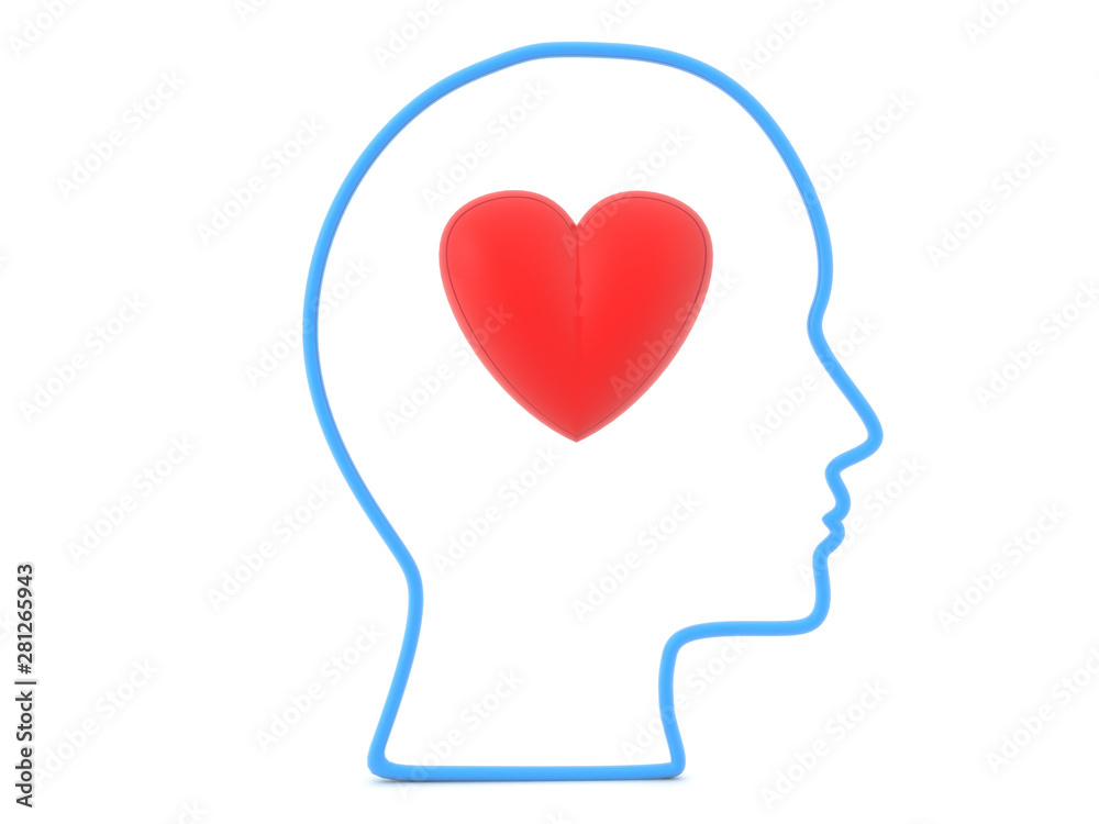 3D Outline of head with red cartoon heart inside 3D Outline of head with red cartoon heart inside