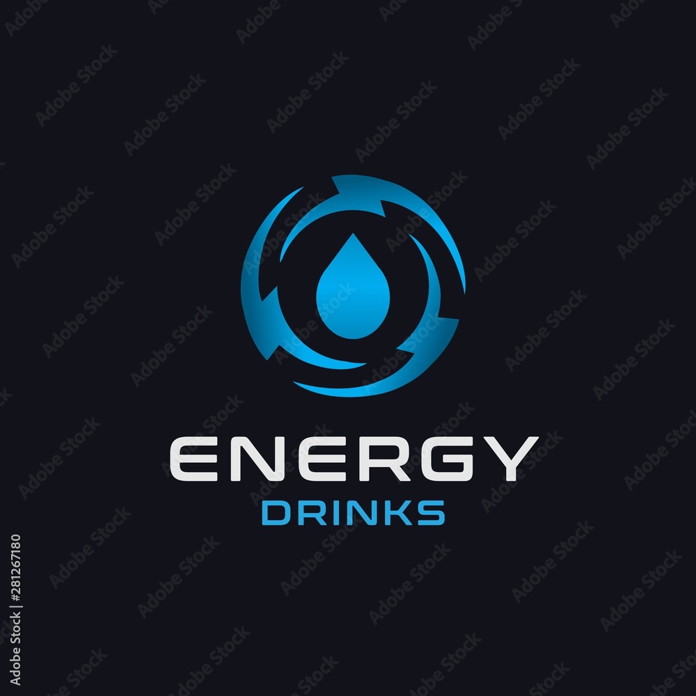 Water droplet with circle triple lightning bolt energy drink logo design