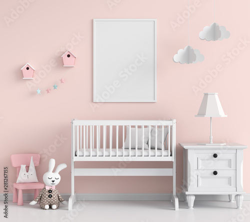Blank photo frame for mockup in pink child room, 3D rendering