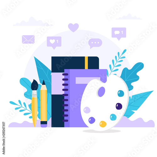 Painting and drawing concept. Palette with colors, sketchbook, pencil and brush on table, cute vector illustration in flat style
