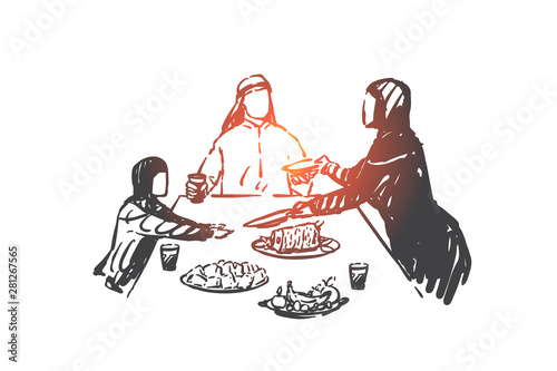 Family dinner concept sketch. Hand drawn isolated vector illustration