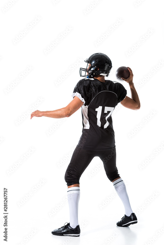 back view of American Football player throwing ball Isolated On White back view of American Football player throwing ball Isolated On White