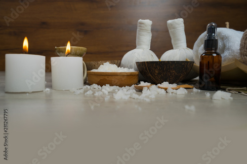 Composition of spa treatment on wooden table, Aromatherapy, Beauty and fashion concept