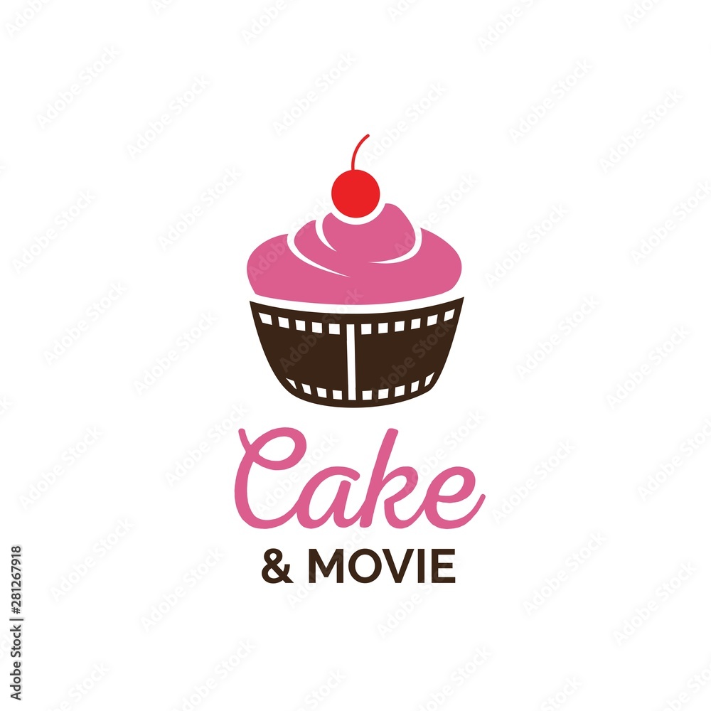 Beautiful cake with red cherry and reel film cup cinema cafe logo design