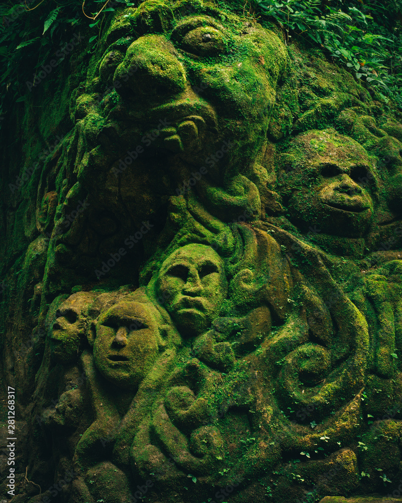 Carving demons faces on wall background covered with moss texture in ...