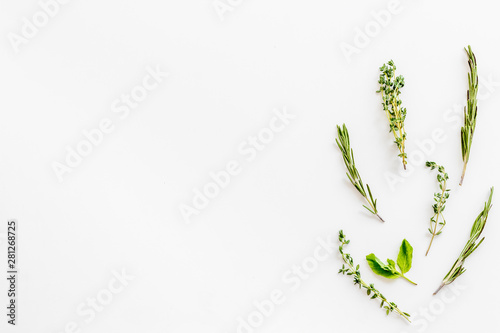 Alternative medicine with medicinal herbs on white background top view mock up