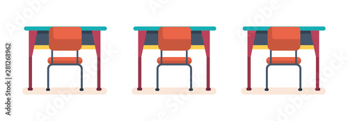 School desks and chairs in the classroom. Empty wooden and metal furniture school isolated flat vector illustration