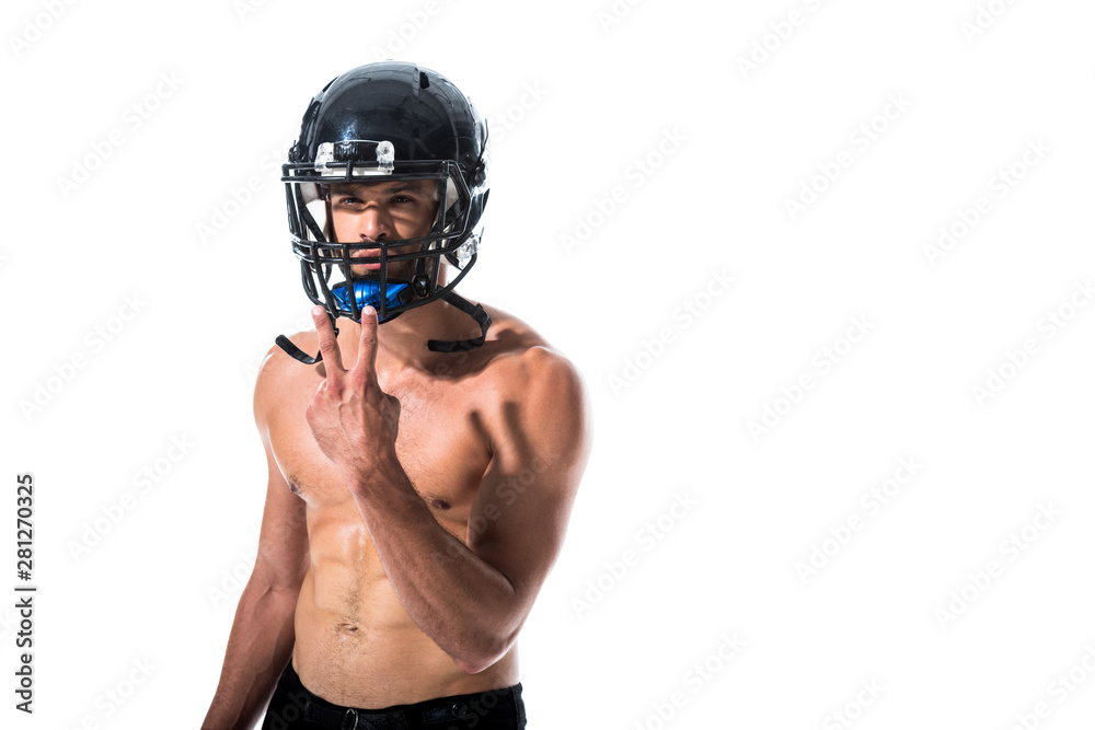 shirtless American Football player in helmet doing peace sign Isolated On White