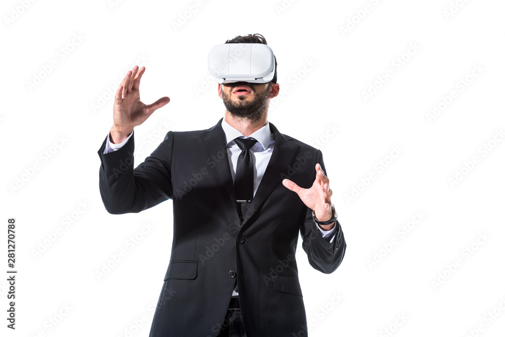 businessman in formal wear and virtual reality headset gesturing Isolated On White businessman in formal wear and virtual reality headset gesturing Isolated On White