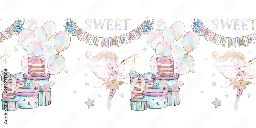 Fototapeta premium Watercolor seamless border with gift boxes and Golden silhouettes of cute fairies on white background for girls and birthday