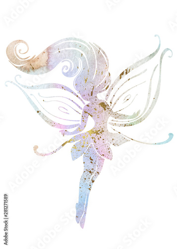 Watercolor and Golden silhouettes of cute fairies for girls and birthday