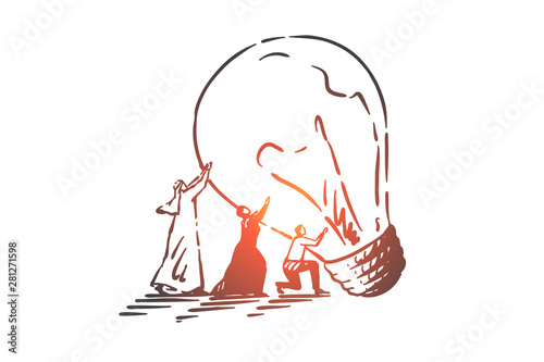 Teamwork, coworking, partnership, success, startup concept sketch. Hand drawn isolated vector illustration