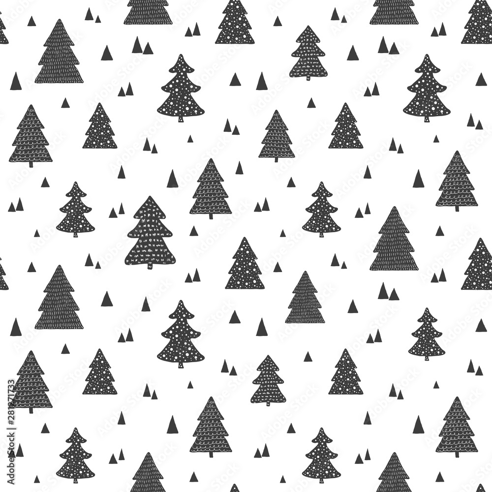 Obraz premium Christams scandinavian seamless pattern. Vector background with hand drawn christmas trees