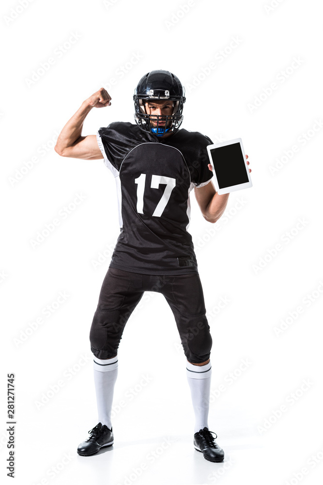 American Football player with Digital Tablet and clenched hand Isolated On White American Football player with Digital Tablet and clenched hand Isolated On White