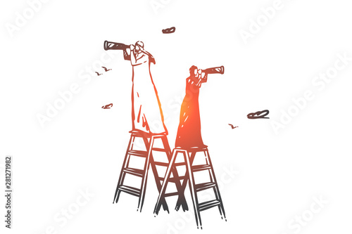 Searching, analysis, hunting, audit, navigation concept sketch. Hand drawn isolated vector illustration