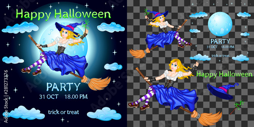 Blonde fairy on a broom invites to a party