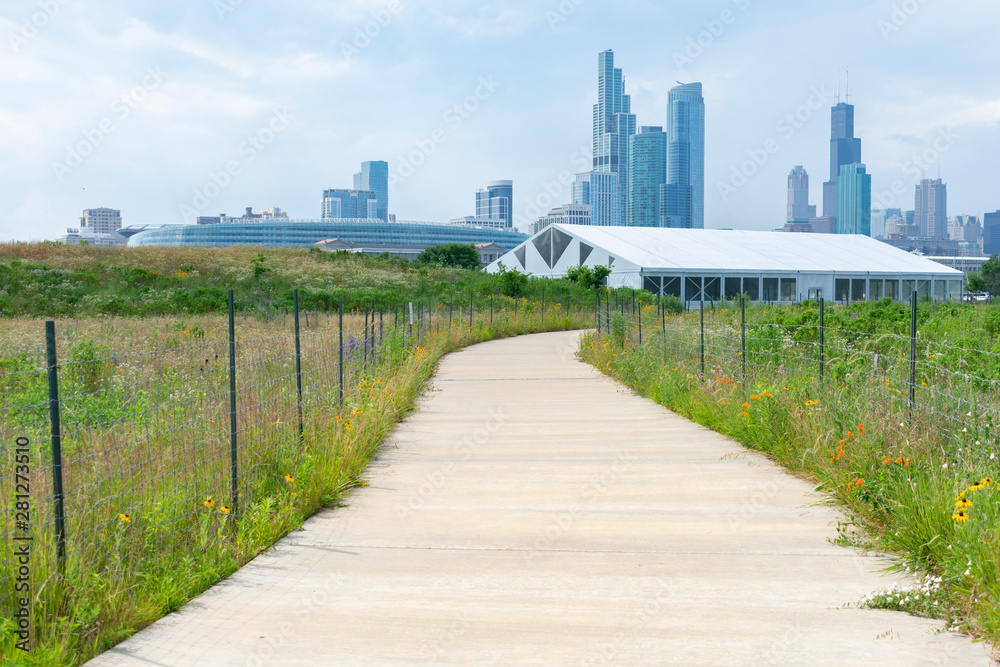 Path with Native Plants and the Skyline at Northerly Island in Chicago during the Summer