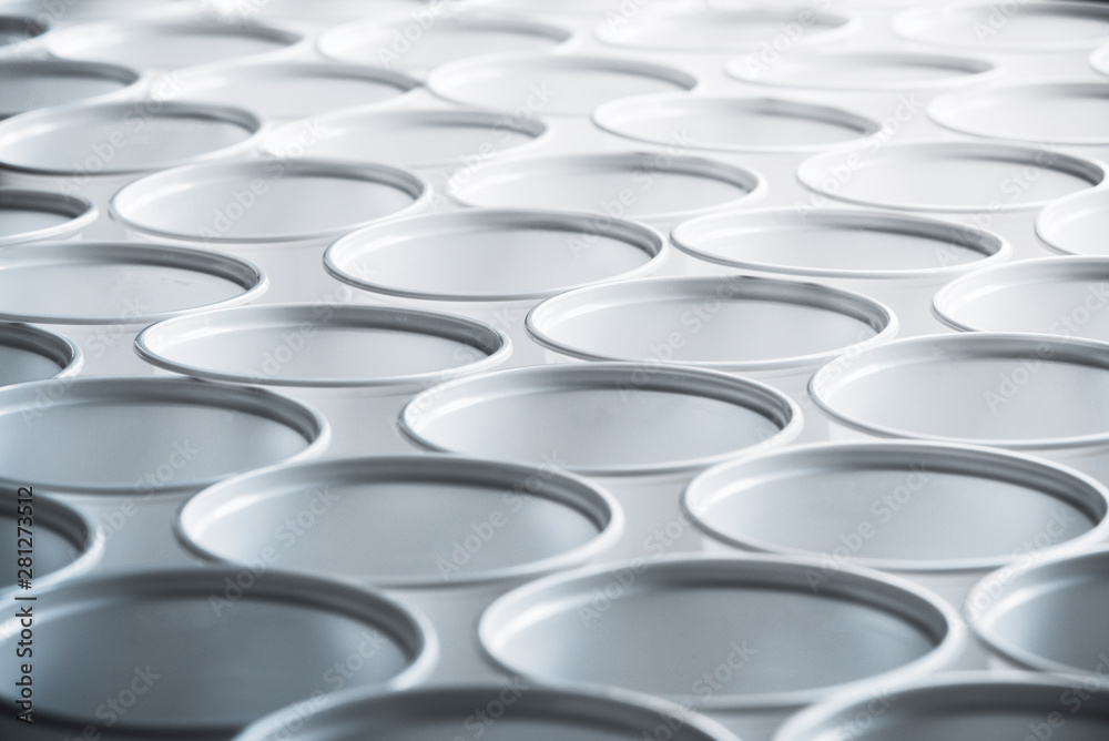 Obraz premium Background texture of white plastic cups standing in a row. Zero waste concept, plastic free