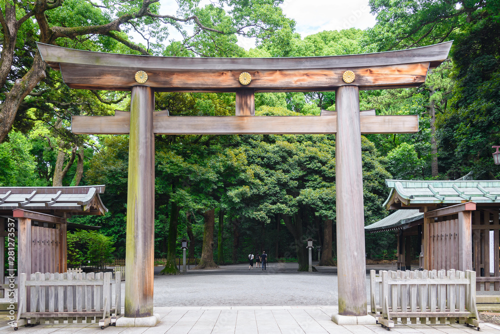 Portal of wood gate temple, Torii of Meiji Jingu Shrine in Central Tokyo (Shibuya), Japan. Meiji Jingu Shrin is the Shinto shrine and most popular historical shrine. Portal of wood gate temple, Torii of Meiji Jingu Shrine in Central Tokyo (Shibuya), Japan. Meiji Jingu Shrin is the Shinto shrine and most popular historical shrine.