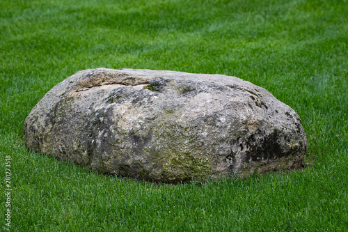 big stone lying on the green grass