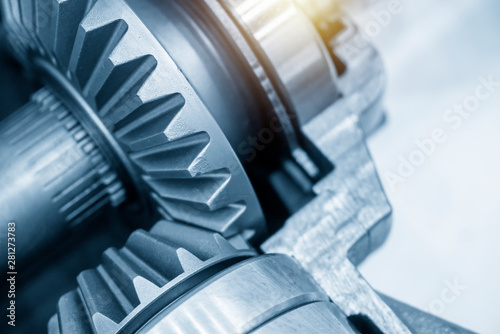 Close-up scene of the differential gear of automotive transmission system.The abstract scene of the drive and pinion gear parts. photo