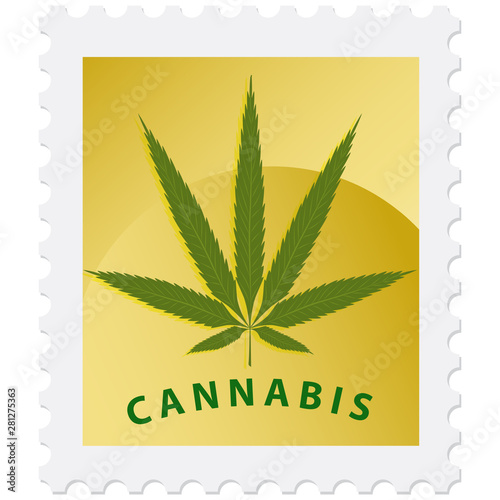 Postage stamp - Cannabis leaf - isolated on white background - vector. Medicine hemp concept. Medicinal herbs