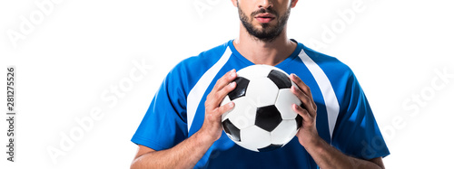 Cropped view of soccer player holding ball Isolated On White