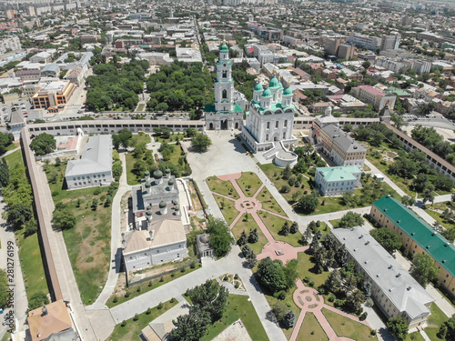 Astrakhan. Astrakhan Kremlin. Fortress. Assumption Cathedral and the bell tower of the Astrakhan Kremlin. Flying drone over the Kremlin. Panorama of the city of Astrakhan.