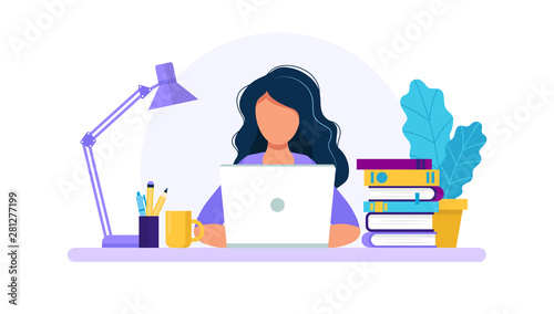 Woman with laptop, studying or working concept. Table with books, lamp, coffee cup. Vector illustration in flat style