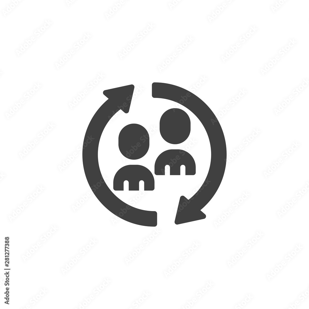 Customer interaction vector icon. Human resource filled flat sign for mobile concept and web design. Replacement, worker, arrow glyph icon. Symbol, logo illustration. Vector graphics Customer interaction vector icon. Human resource filled flat sign for mobile concept and web design. Replacement, worker, arrow glyph icon. Symbol, logo illustration. Vector graphics