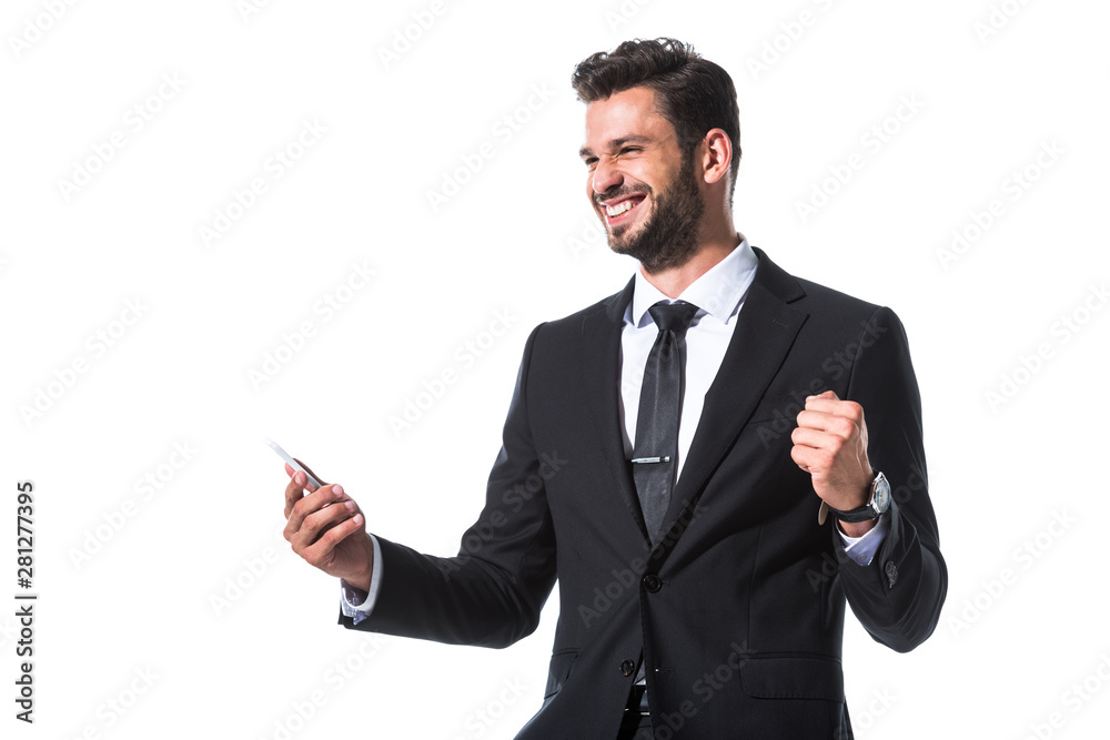 happy businessman with smartphone and clenched hand Isolated On White happy businessman with smartphone and clenched hand Isolated On White
