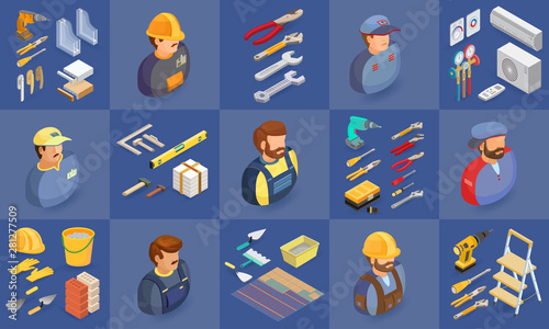 Workers and tools symbols isolated on blue. Isometric projection