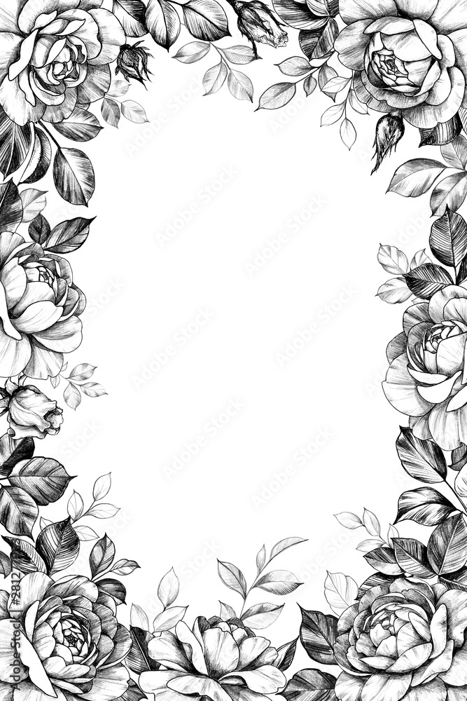 Vintage Vertical Border with Roses and Leaves