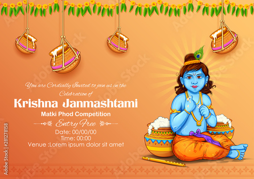 illustration of Lord Krishna eating makhan in Happy Janmashtami festival background of India
