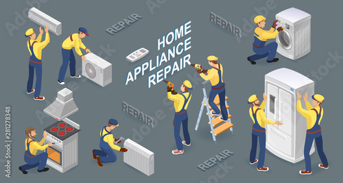Isometric workers with faulty home appliances. Vector illustration.