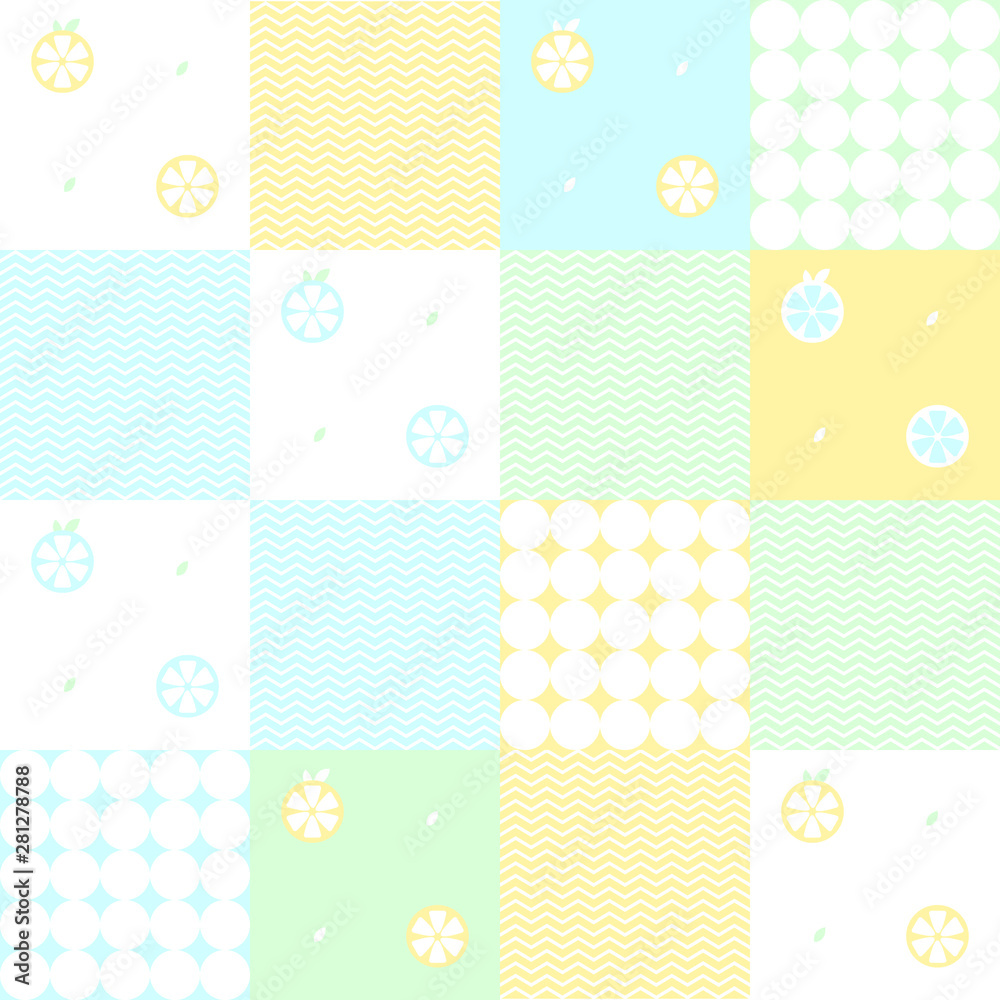 Vector illustration of pattern design for fruit, texture, wallpaper, fabric, illustration, baby, retro, colorful, vintage, textile, lemon, yellow, green, sky blue, dot, quilt, food, vector, design.