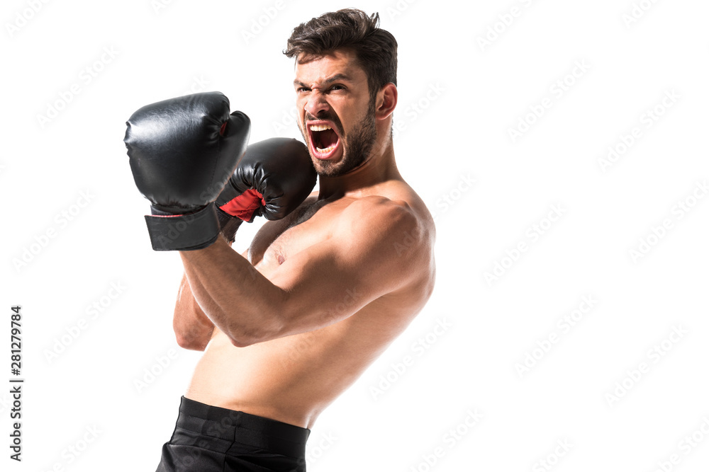 angry shirtless Boxer in boxing gloves yelling Isolated On White with copy space