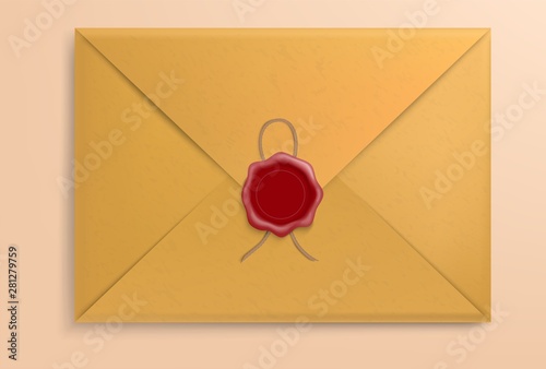 Paper envelope with red wax and rope. Ancient vintage mail message. Vector illustration.