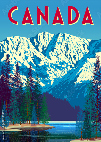 Summer landscape in canadian natural рark with forest, lake and mountains in the background. Handmade drawing vector illustration. All objects are grouped and divided into layers. Flat Design.