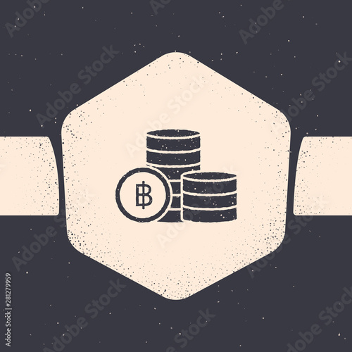 Grunge Cryptocurrency coin Bitcoin icon isolated on grey background. Blockchain technology, bitcoin, digital money market, cryptocoin wallet. Monochrome vintage drawing. Vector Illustration