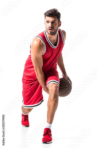 Obraz na plátne bearded athletic basketball player in uniform with ball Isolated On White