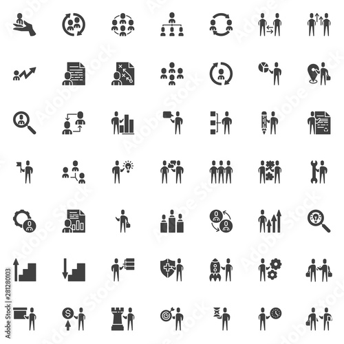 Business team vector icons set, modern solid symbol collection, filled style pictogram pack. Signs, logo illustration. Set includes icons as teamwork group, partnership handshake, Hierarchy structure