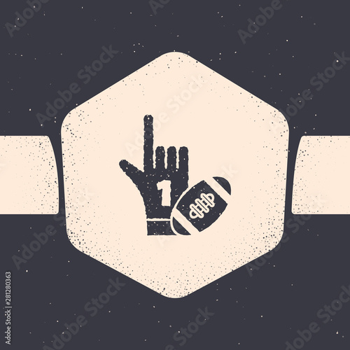 Grunge Number 1 one fan hand glove with finger raised and american football ball icon isolated on grey background. Set of sport equipment. Monochrome vintage drawing. Vector Illustration