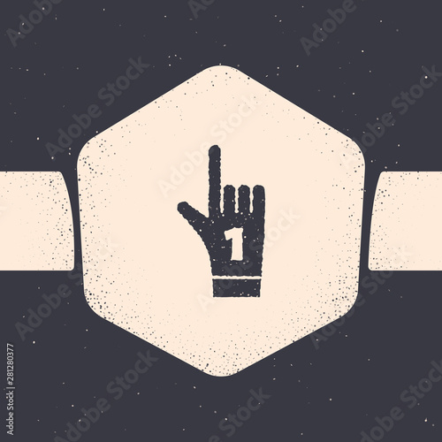 Grunge Number 1 one fan hand glove with finger raised icon isolated on grey background. Symbol of team support in competitions. Monochrome vintage drawing. Vector Illustration